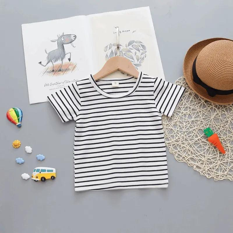 Baby Cute Round Neck Short Sleeve Stripe T-Shirt And Cartoon Pattern Suspender Trousers Set