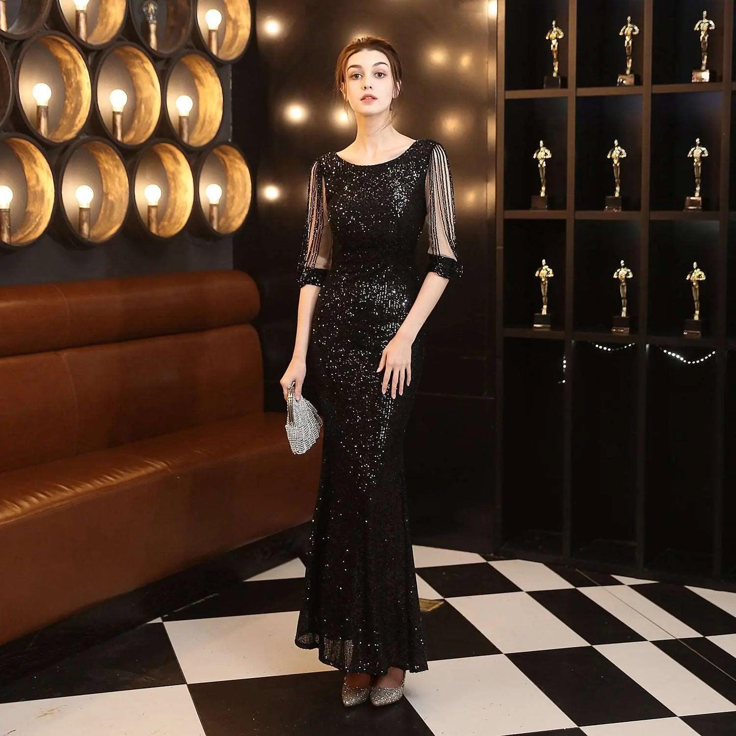 Banquet Elegant Long Long Sleeve Sequined Atmosphere Queen Fishtail Evening Dress Formal Gown