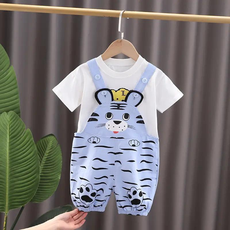 Boys Cute Cartoon Animal Tiger Pattern Round Neck Short Sleeve T-Shirt And Suspender Trousers Set