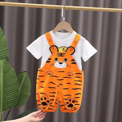 Boys Cute Cartoon Animal Tiger Pattern Round Neck Short Sleeve T-Shirt And Suspender Trousers Set