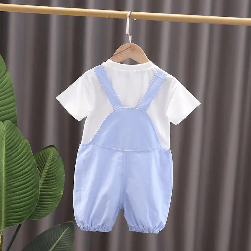 Boys Cute Cartoon Animal Tiger Pattern Round Neck Short Sleeve T-Shirt And Suspender Trousers Set