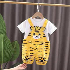 Boys Cute Cartoon Animal Tiger Pattern Round Neck Short Sleeve T-Shirt And Suspender Trousers Set
