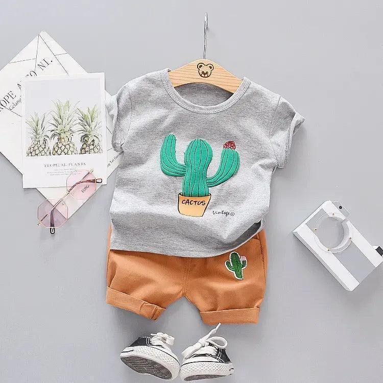 Boys Fashion Cactus Print Short Sleeve Shorts Two Piece Set