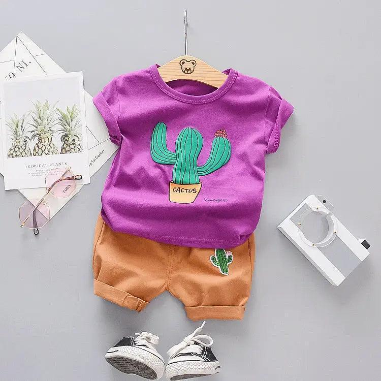 Boys Fashion Cactus Print Short Sleeve Shorts Two Piece Set