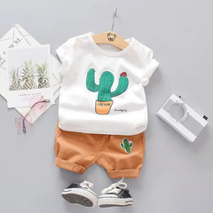 Boys Fashion Cactus Print Short Sleeve Shorts Two Piece Set
