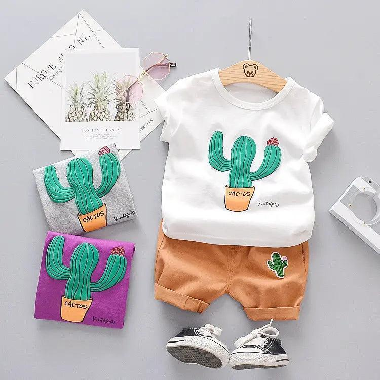 Boys Fashion Cactus Print Short Sleeve Shorts Two Piece Set
