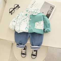 Boys Long Sleeve Puppy Print Color Matching Shirt And Pants 2pcs Set