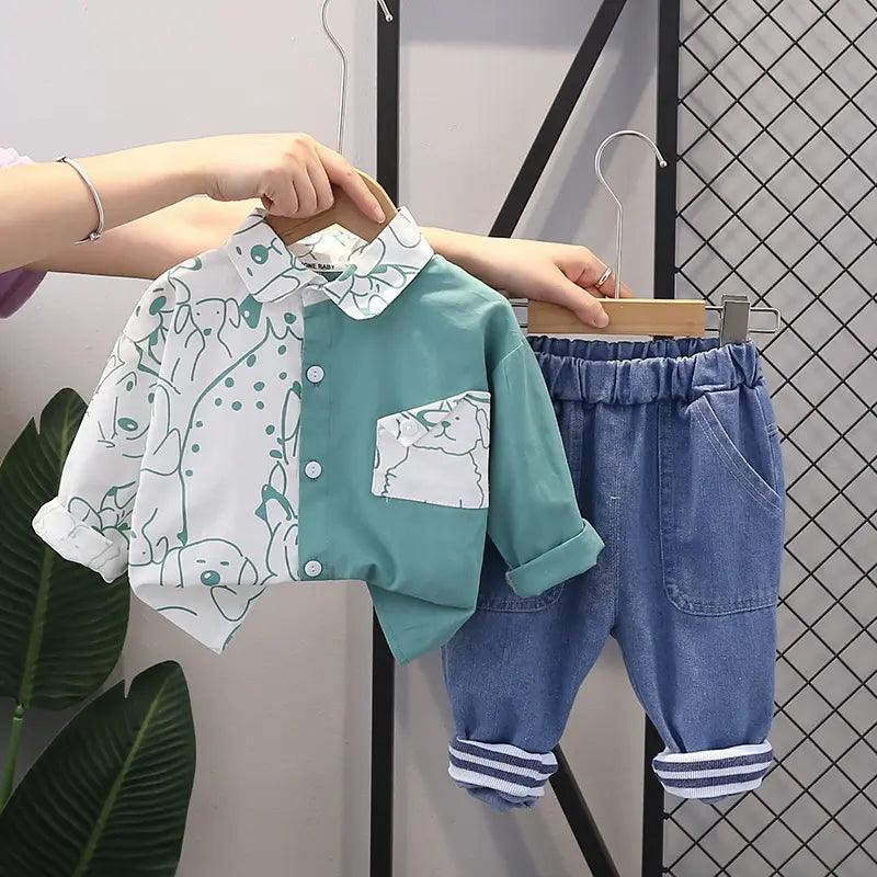 Boys Long Sleeve Puppy Print Color Matching Shirt And Pants 2pcs Set