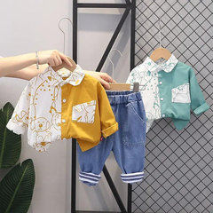 Boys Long Sleeve Puppy Print Color Matching Shirt And Pants 2pcs Set