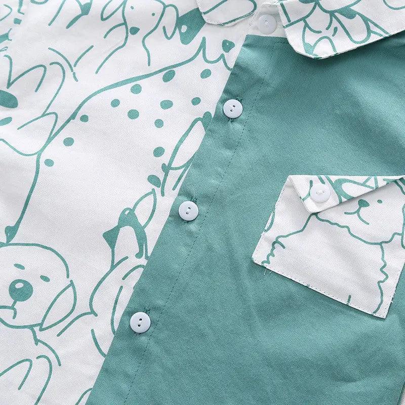 Boys Long Sleeve Puppy Print Color Matching Shirt And Pants 2pcs Set