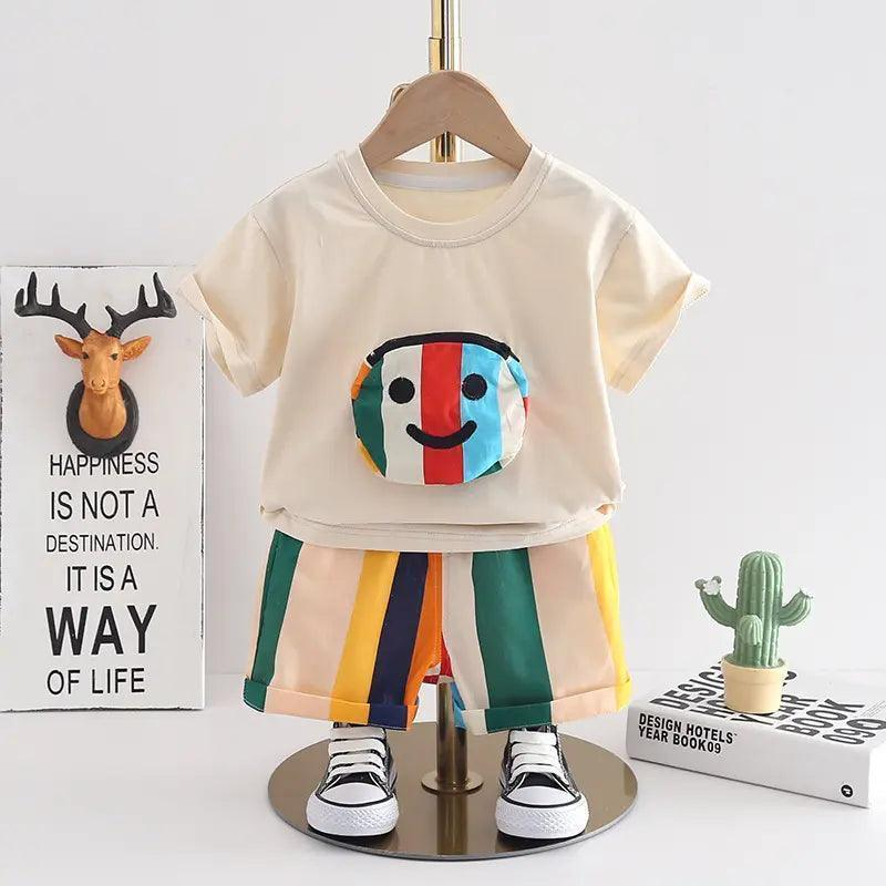 Boys Short Sleeve Strip Pocket T-Shirt And Shorts 2pcs Set