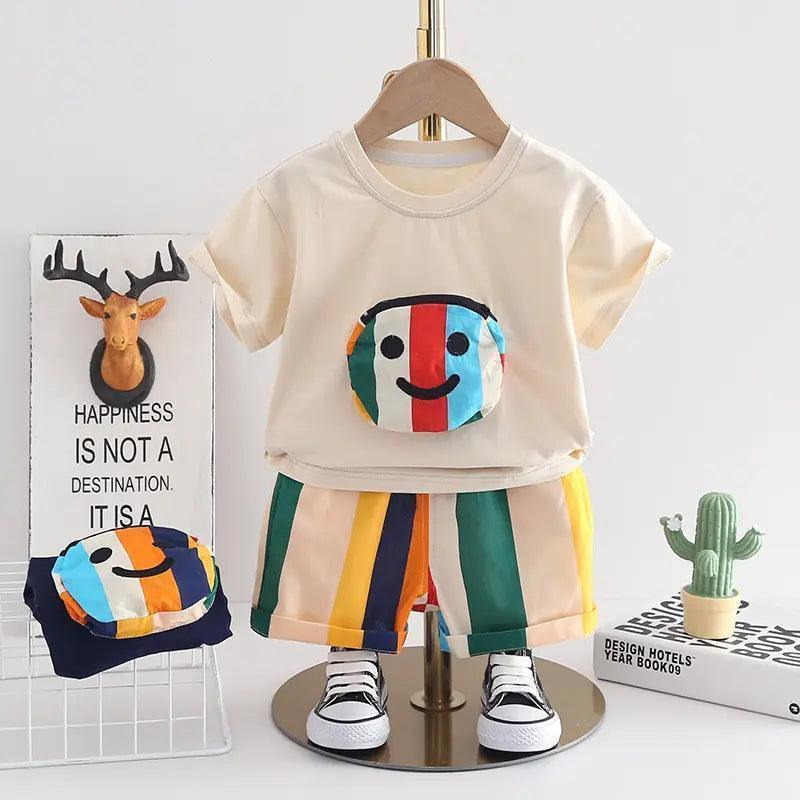 Boys Short Sleeve Strip Pocket T-Shirt And Shorts 2pcs Set
