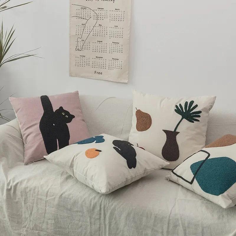 Cheeky Cat & Monstera Leaf Embroidered Cushion Cover