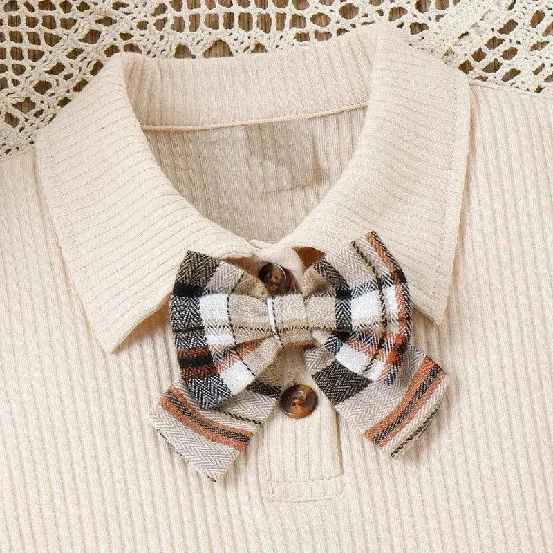 Children Kids Toddlers Fashion Girls Basic Casual Short Sleeve Lapel Bow Top And Plaid Skirt 2pcs Set