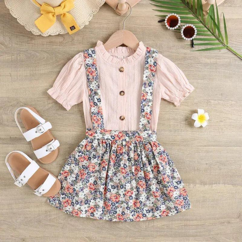 Children Kids Toddlers Fashion Girls Solid Color Short Sleeve Top And Flower Strap Skirt 2pcs Set