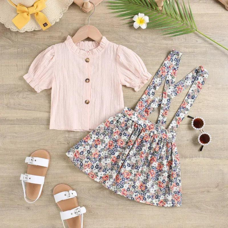 Children Kids Toddlers Fashion Girls Solid Color Short Sleeve Top And Flower Strap Skirt 2pcs Set