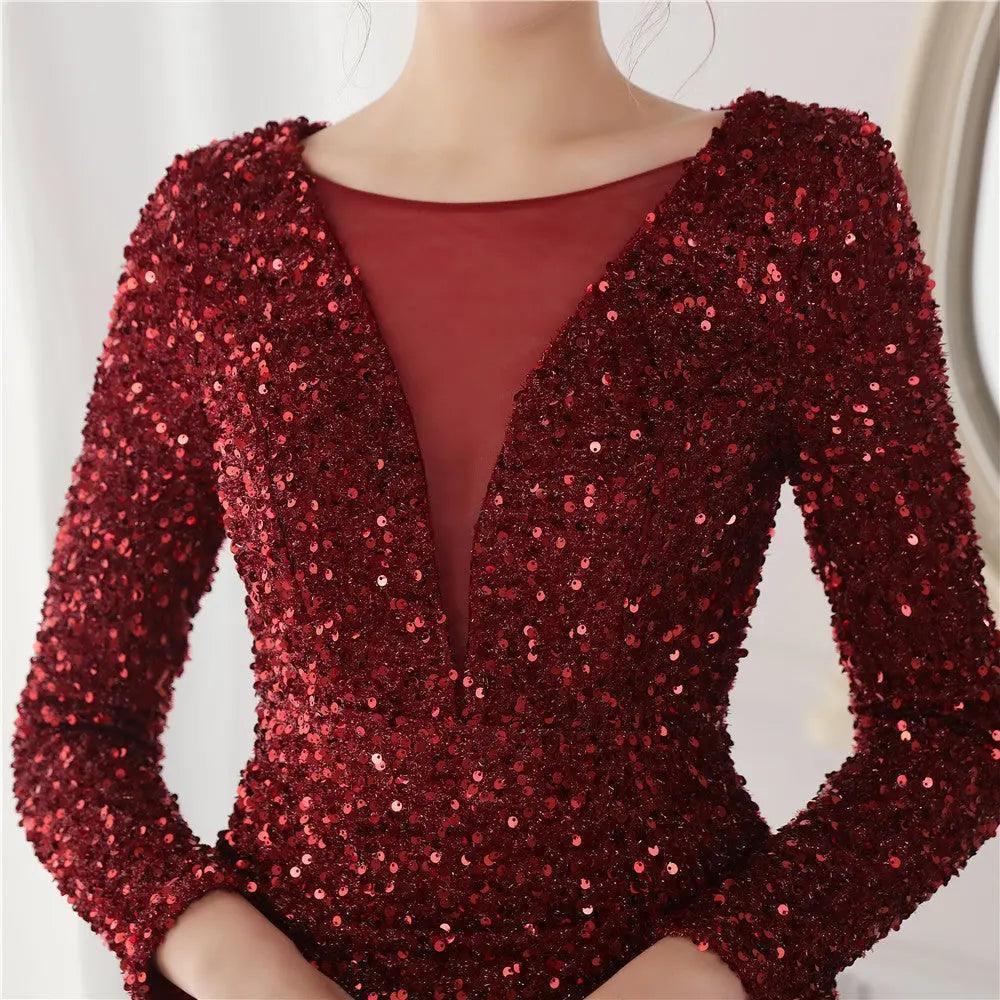 Cocktail Elegant Long Long Sleeve Sequined Atmosphere Fishtail Evening Dress
