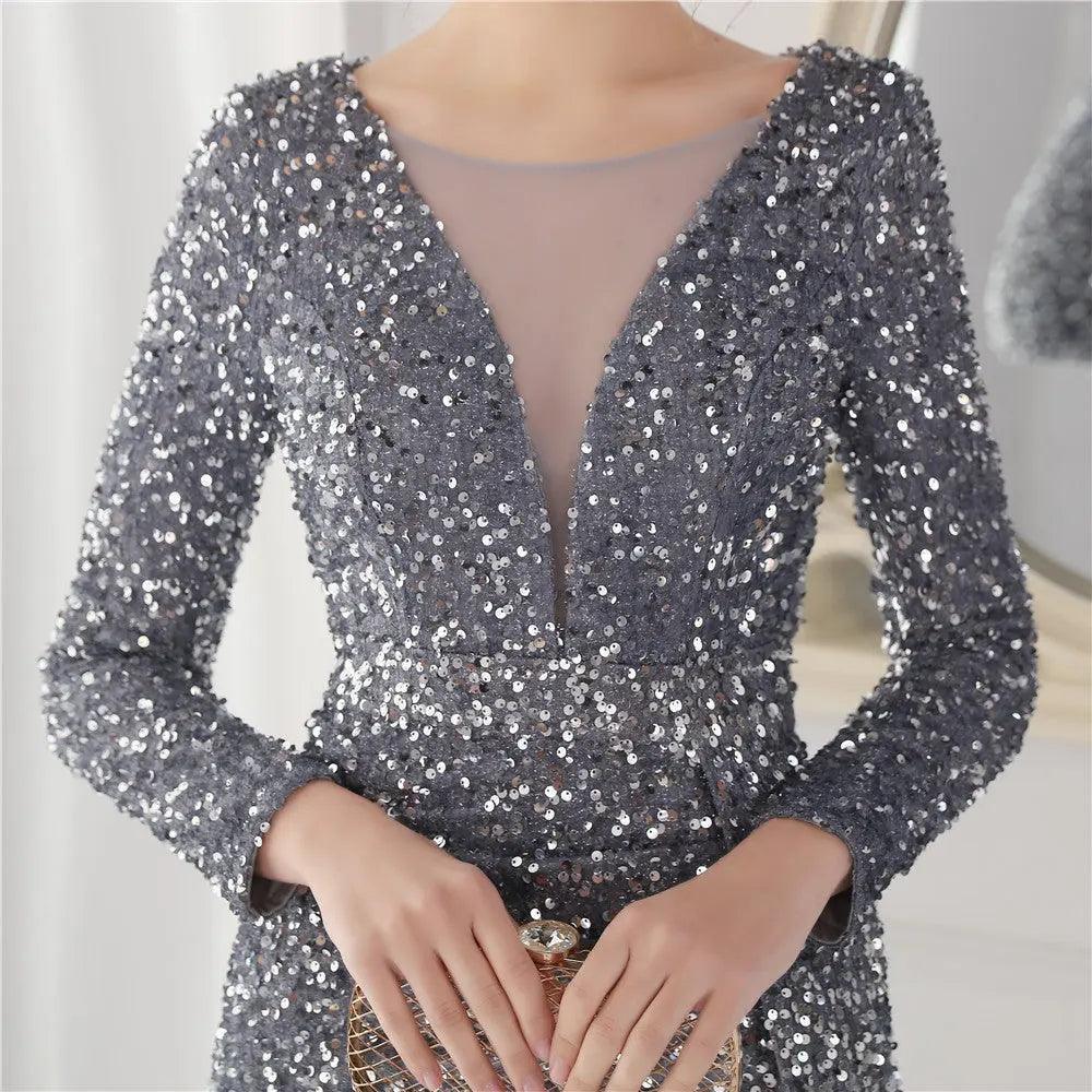 Cocktail Elegant Long Long Sleeve Sequined Atmosphere Fishtail Evening Dress