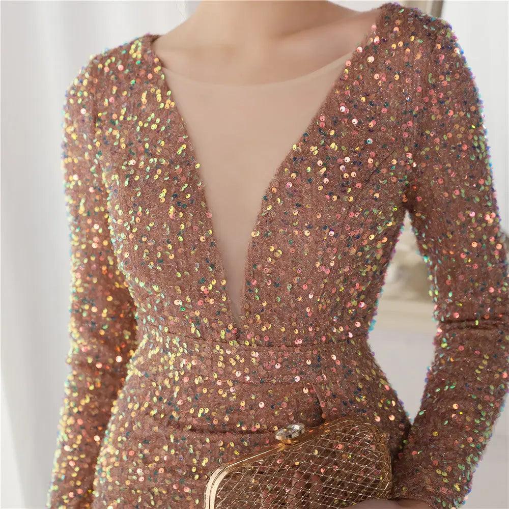 Cocktail Elegant Long Long Sleeve Sequined Atmosphere Fishtail Evening Dress