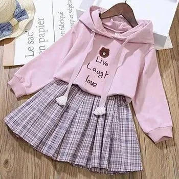 Cotton Cartoon Little Bear Hoodies + Pleated Skirt 2Pcs Suit