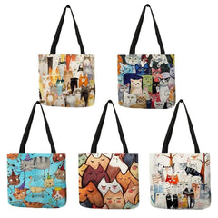 Design Cute Kawaii Cartoon Anime Cat Print Linen Tote Bag