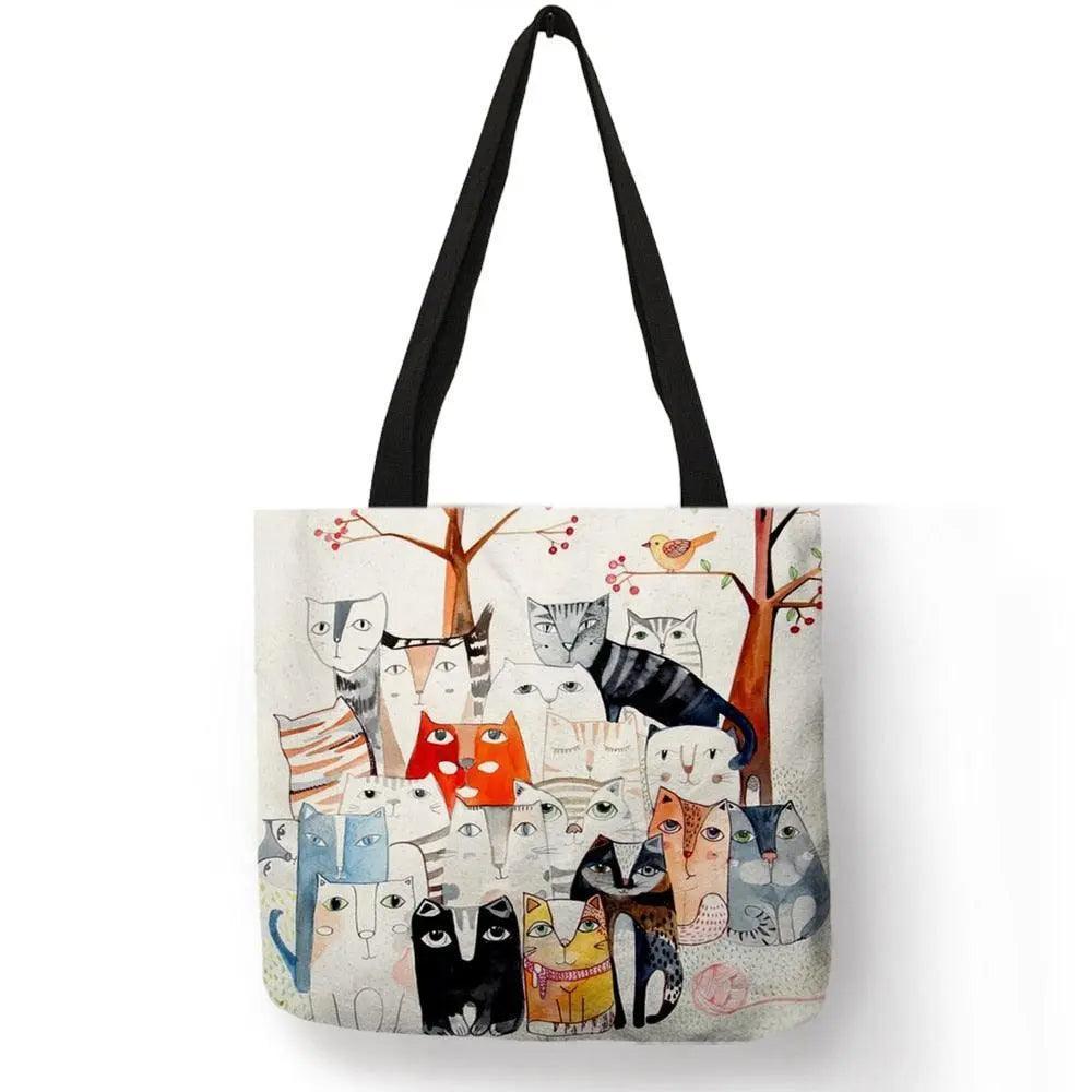 Design Cute Kawaii Cartoon Anime Cat Print Linen Tote Bag