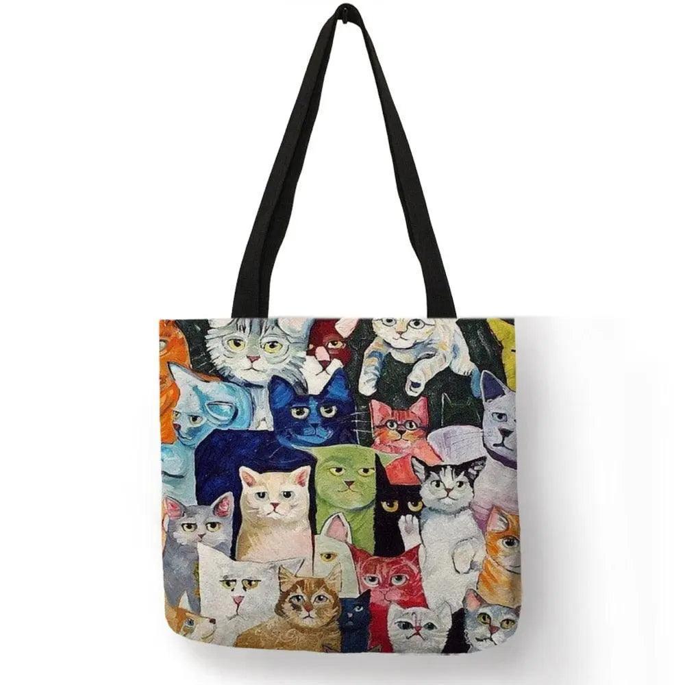 Design Cute Kawaii Cartoon Anime Cat Print Linen Tote Bag