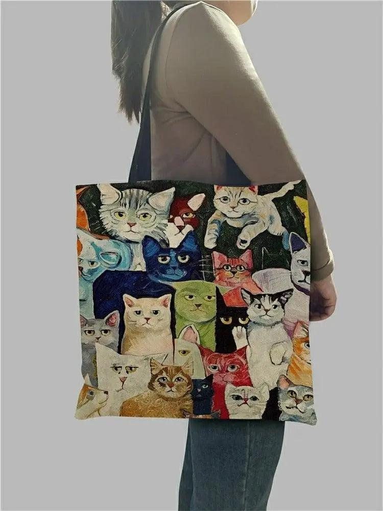 Design Cute Kawaii Cartoon Anime Cat Print Linen Tote Bag