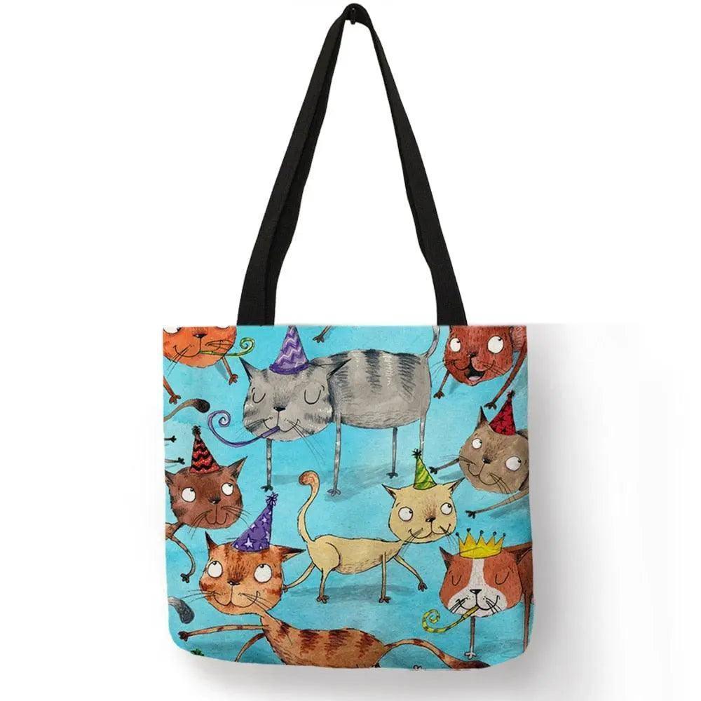 Design Cute Kawaii Cartoon Anime Cat Print Linen Tote Bag