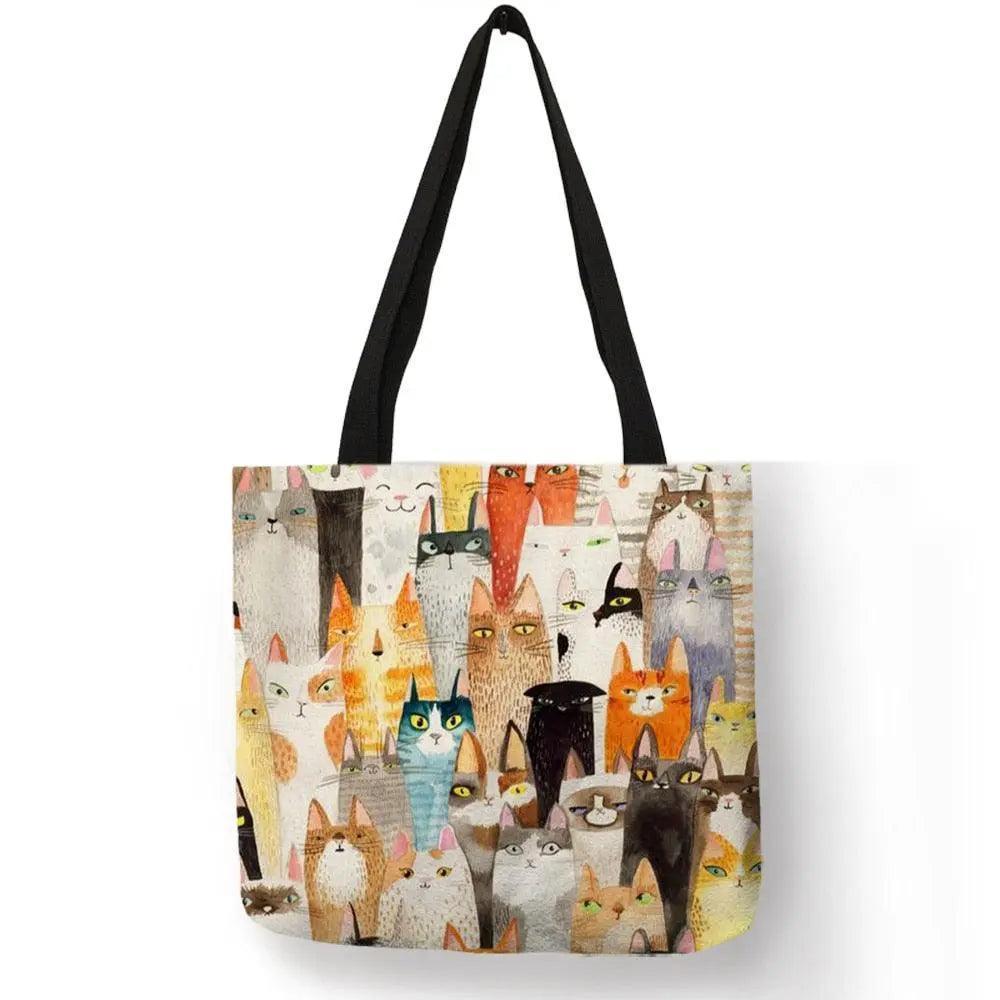 Design Cute Kawaii Cartoon Anime Cat Print Linen Tote Bag