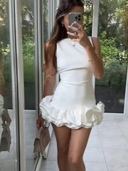 Elegant O-neck Layered Pleated Slim Fit Mini Dress