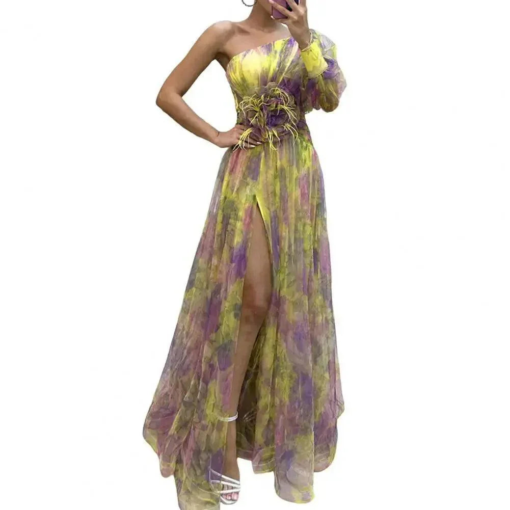 Elegant One Shoulder Tie-dye Ball Gown Evening Dress