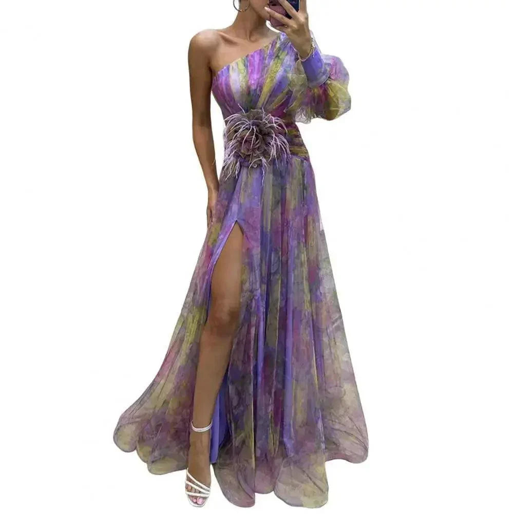 Elegant One Shoulder Tie-dye Ball Gown Evening Dress