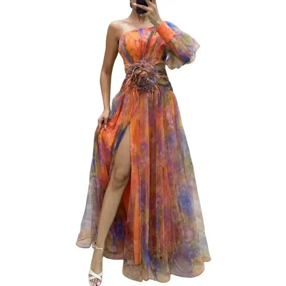 Elegant One Shoulder Tie-dye Ball Gown Evening Dress