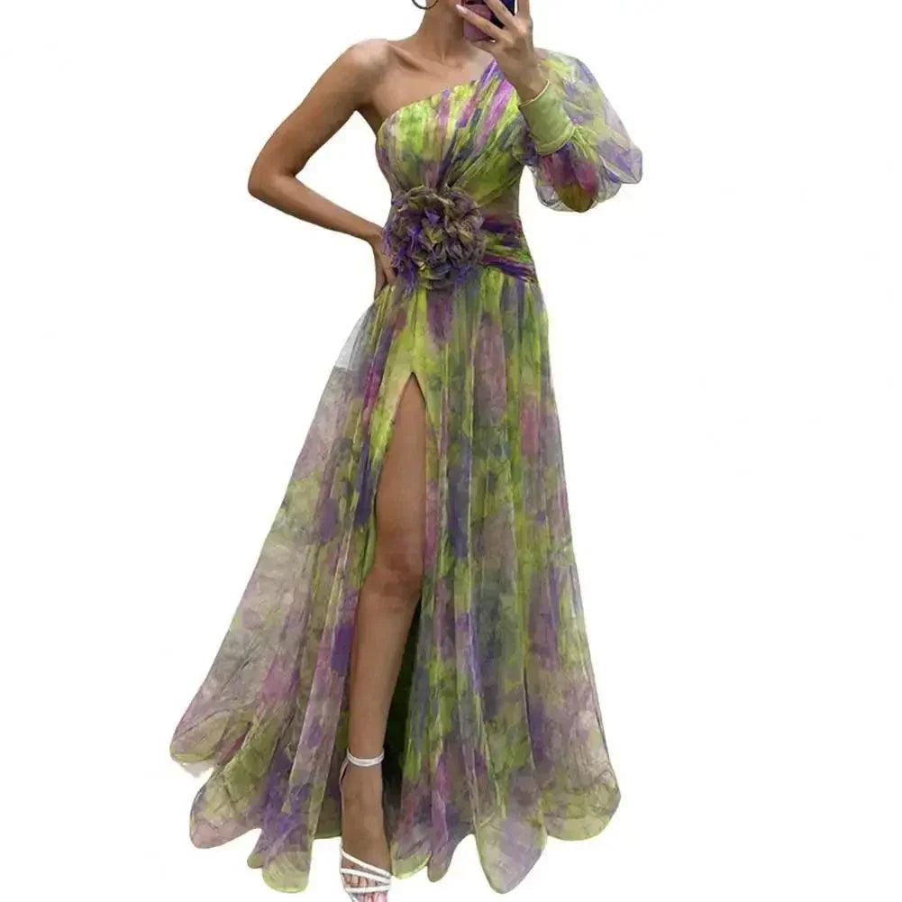 Elegant One Shoulder Tie-dye Ball Gown Evening Dress
