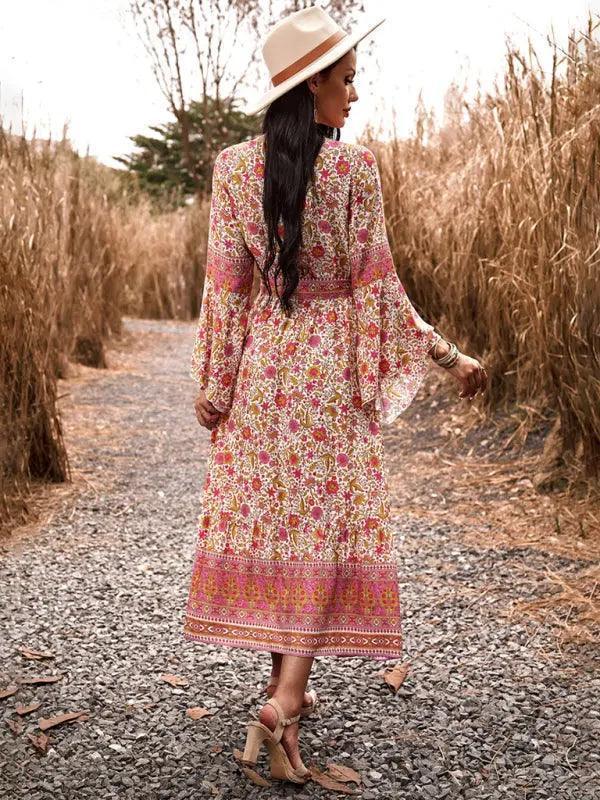 Elegant casual printed V-neck A-line dress