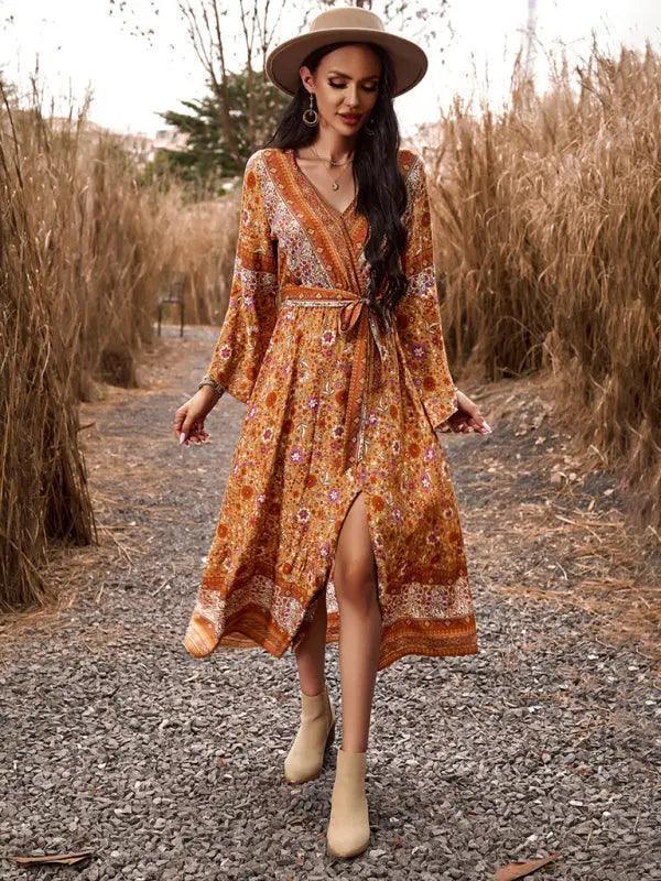 Elegant casual printed V-neck A-line dress