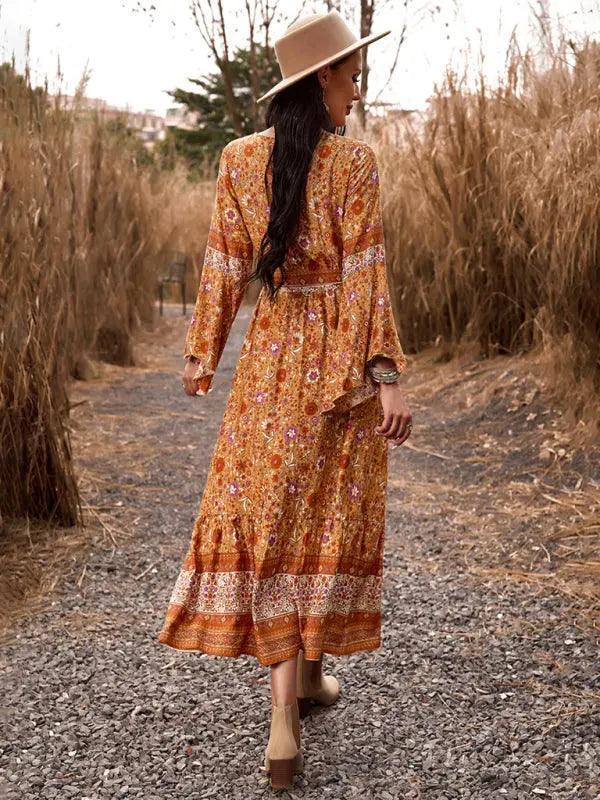 Elegant casual printed V-neck A-line dress