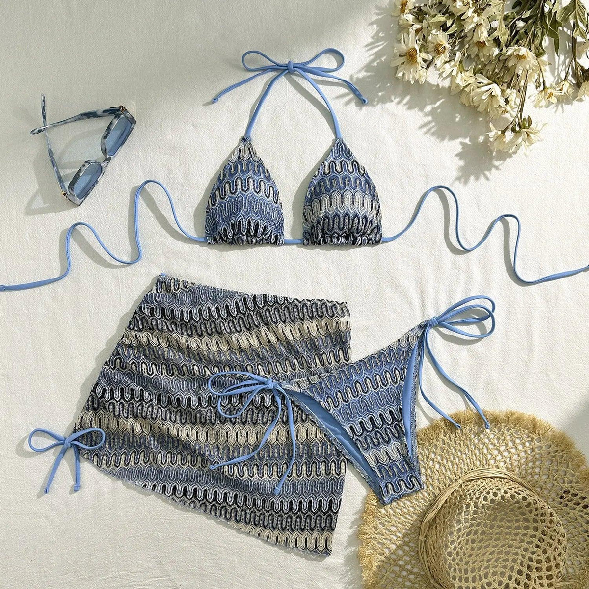 Embroidery Gradient Sexy Three Piece Swimsuit