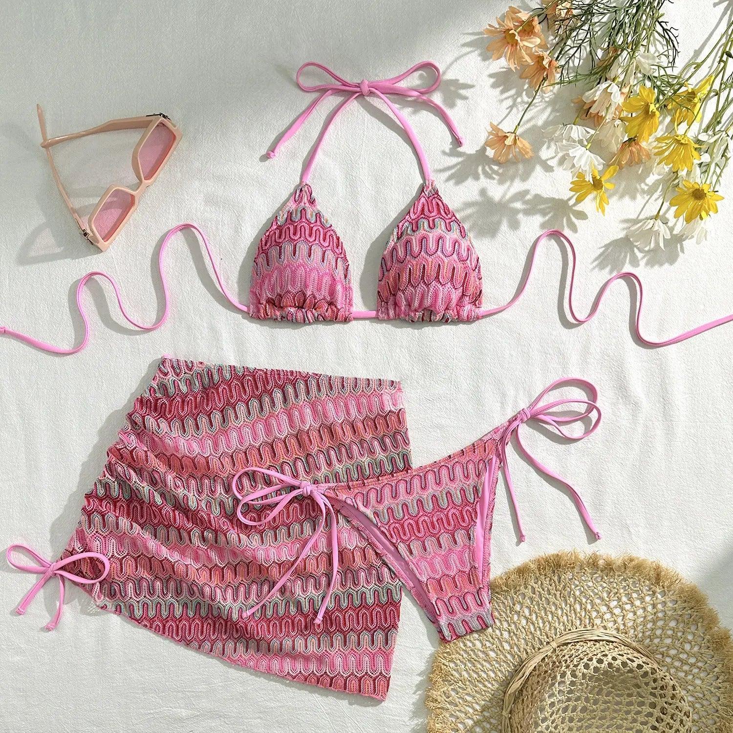 Embroidery Gradient Sexy Three Piece Swimsuit