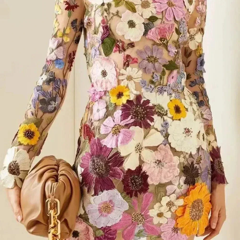Floral Embroidery Elegant Luxury Women Mini Dress
