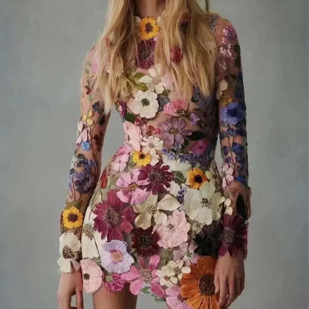 Floral Embroidery Elegant Luxury Women Mini Dress