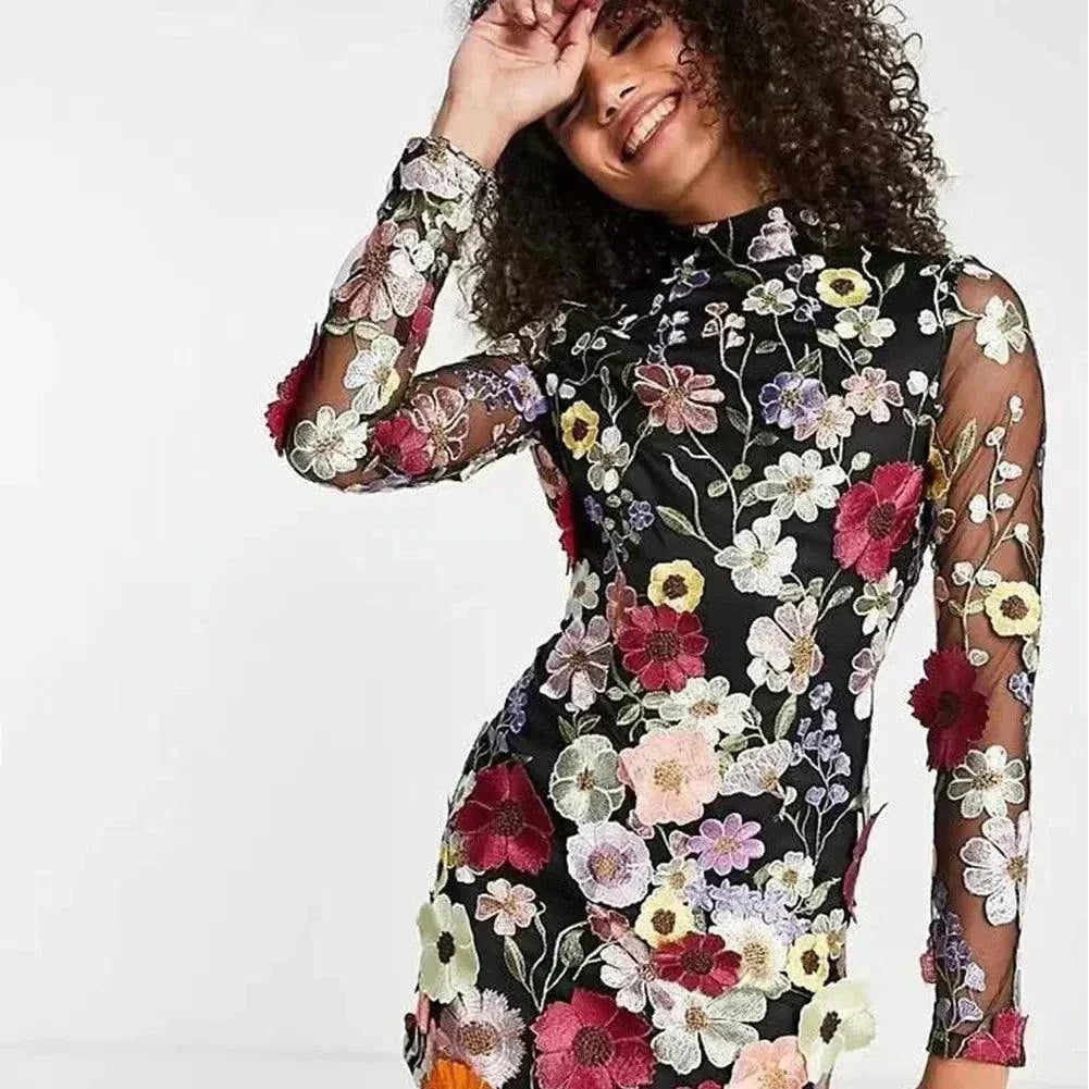Floral Embroidery Elegant Luxury Women Mini Dress