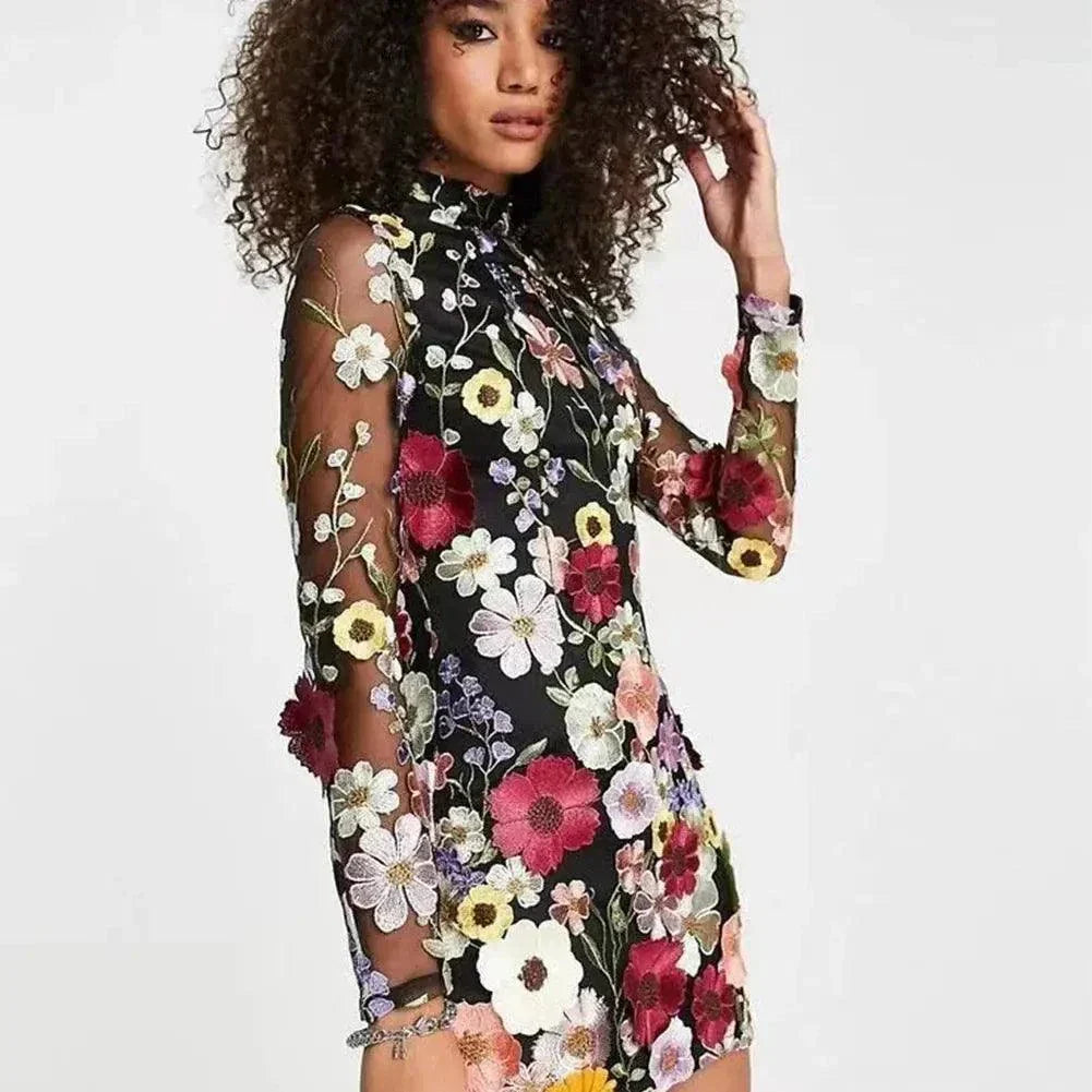 Floral Embroidery Elegant Luxury Women Mini Dress