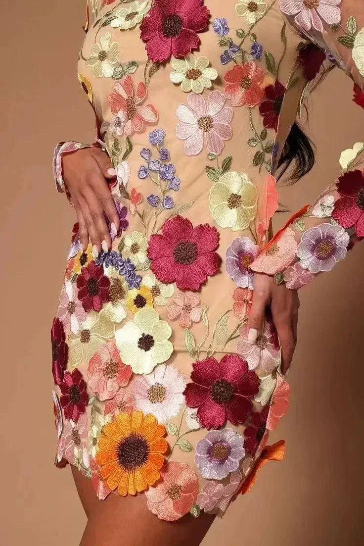 Floral Embroidery Elegant Luxury Women Mini Dress