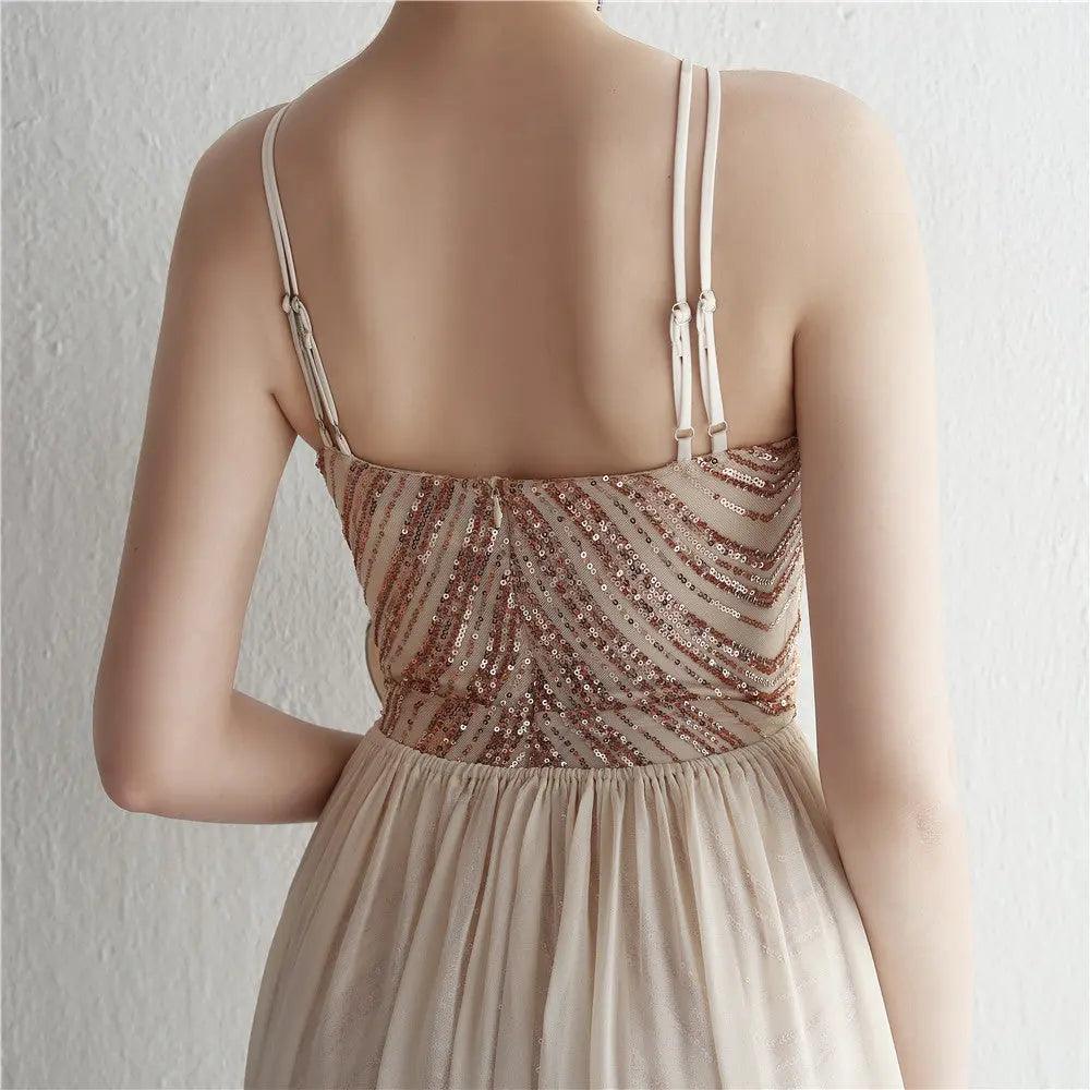 Floral Sequin Chiffon Dress Craft Beaded Halter Elegant Cool Ladies Cocktail Long Sequ