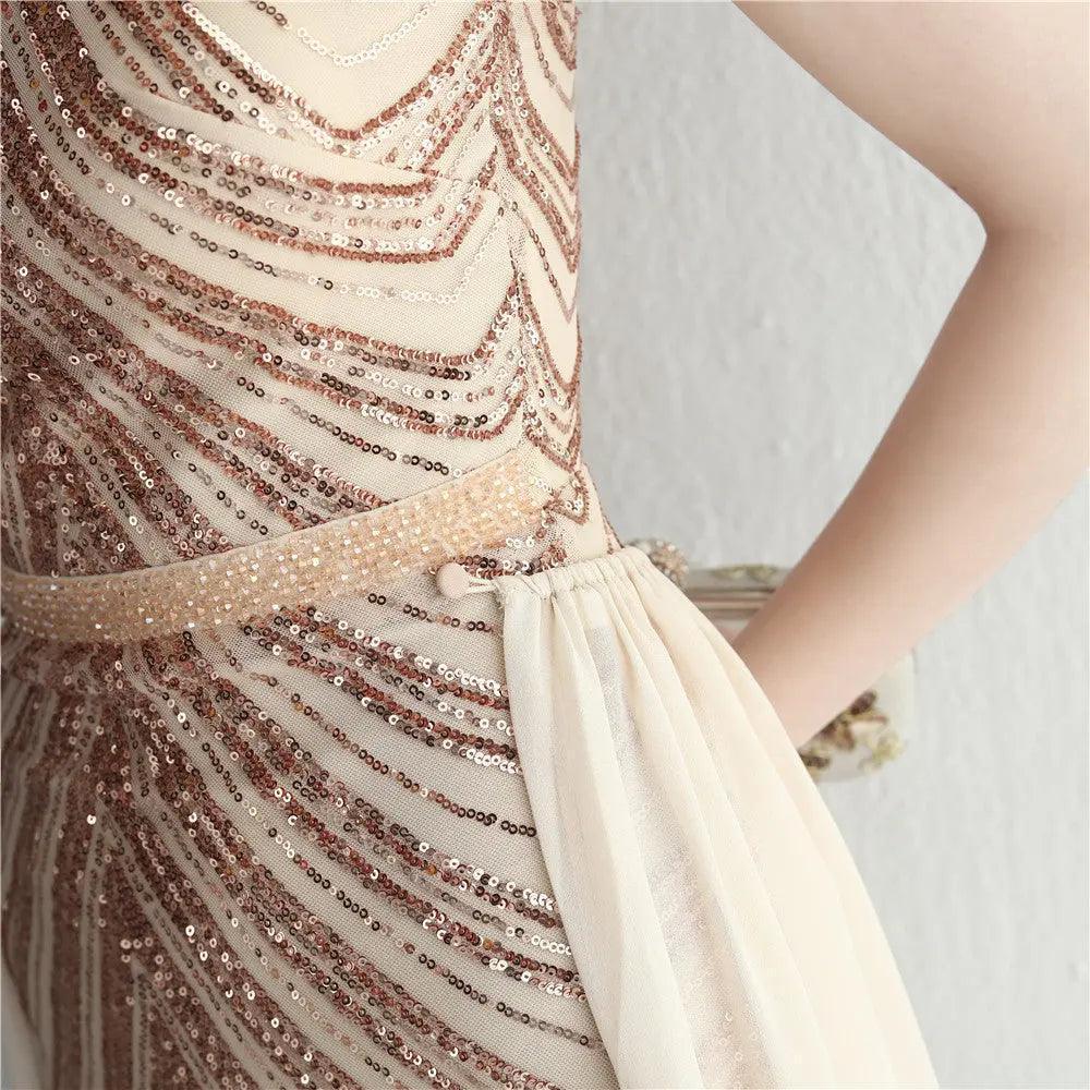 Floral Sequin Chiffon Dress Craft Beaded Halter Elegant Cool Ladies Cocktail Long Sequ