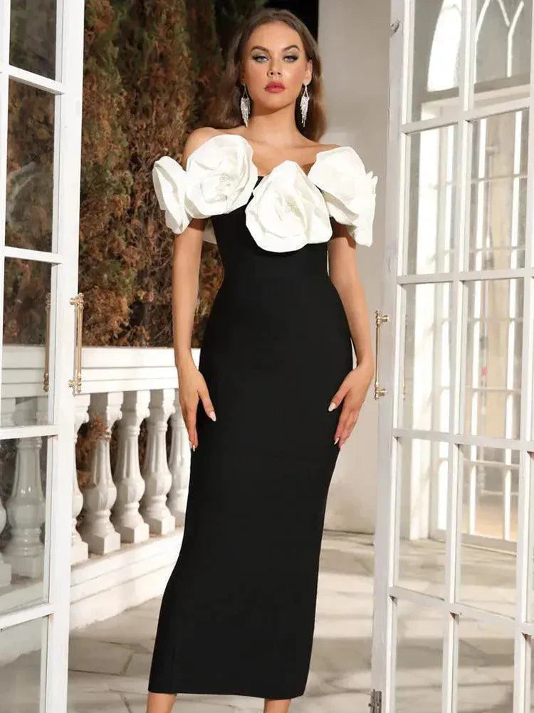 Flower Off Shoulder Maxi Long Bandage Party Dress