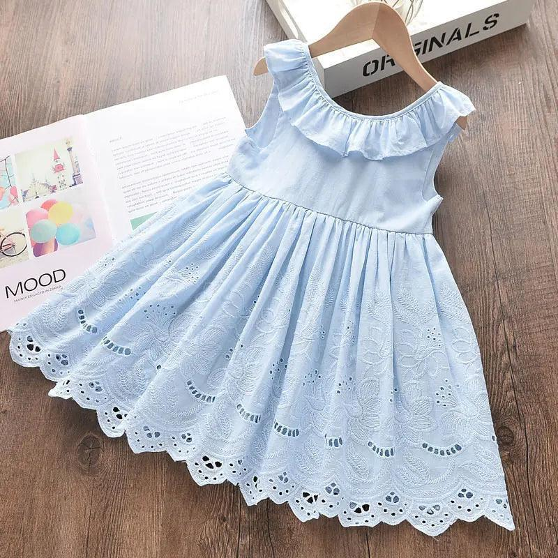 Girls Basic Solic Color Ruffled Hollow Out Flower Embroidery Sleeveless Dress
