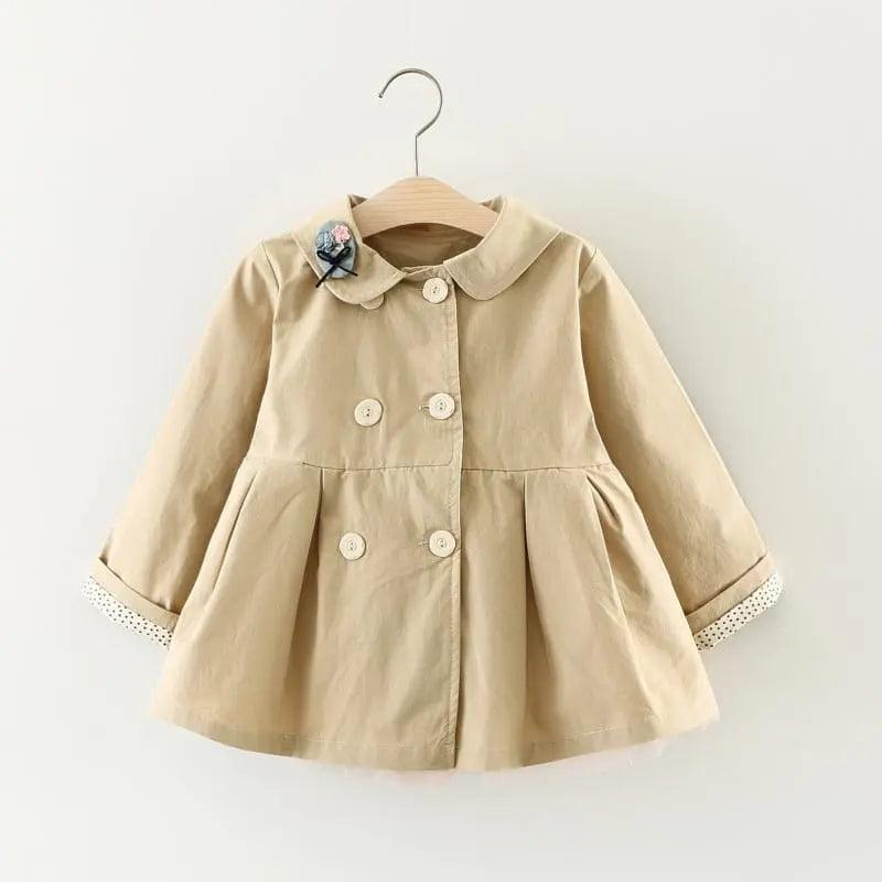 Girls Cute Cat Embroidered Lapel Design Pleated Lower Hem Wind Coat